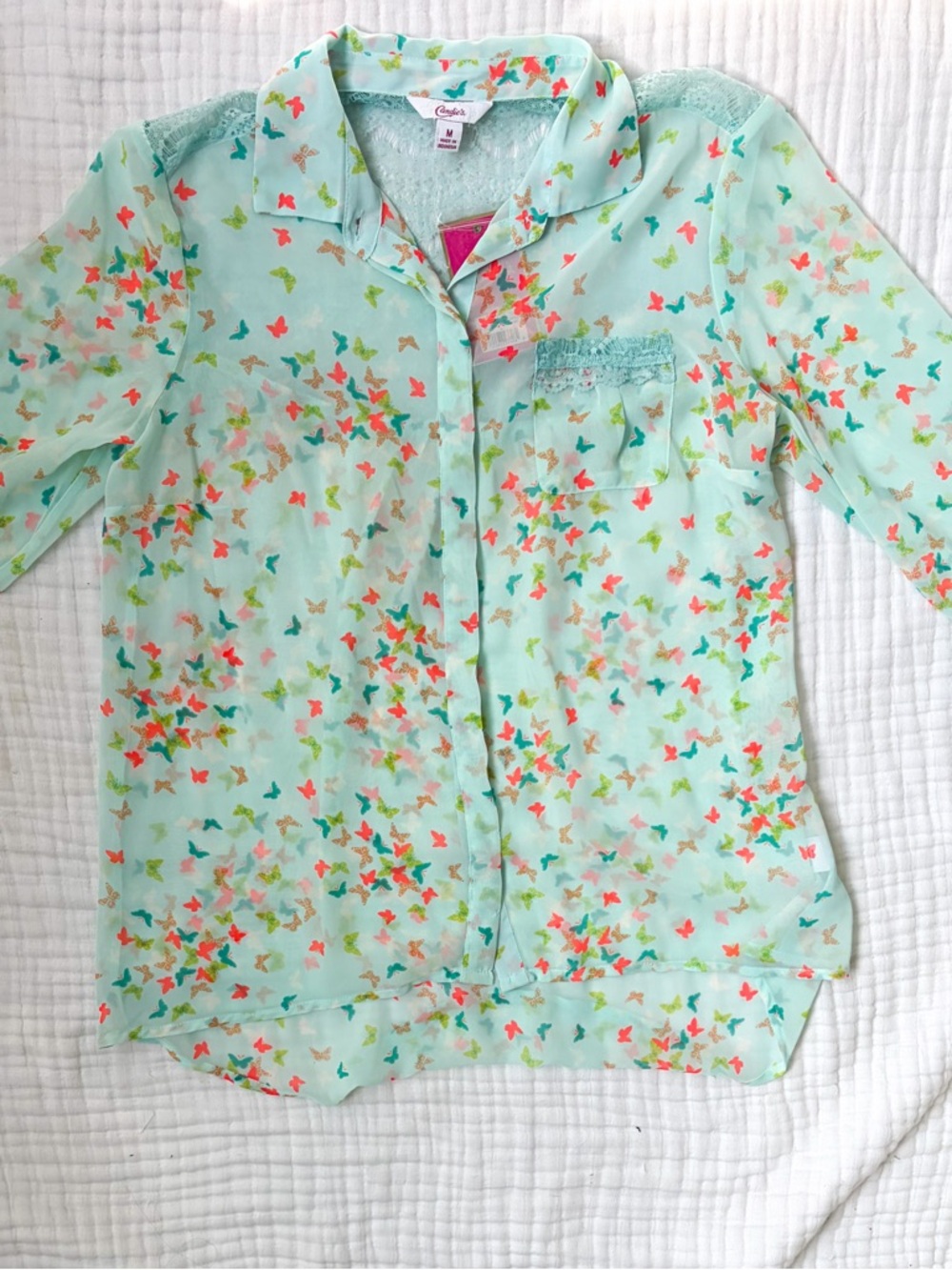 Candie’s Butterfly Blouse Lace Sheer Button Up Top Aqua M NWT